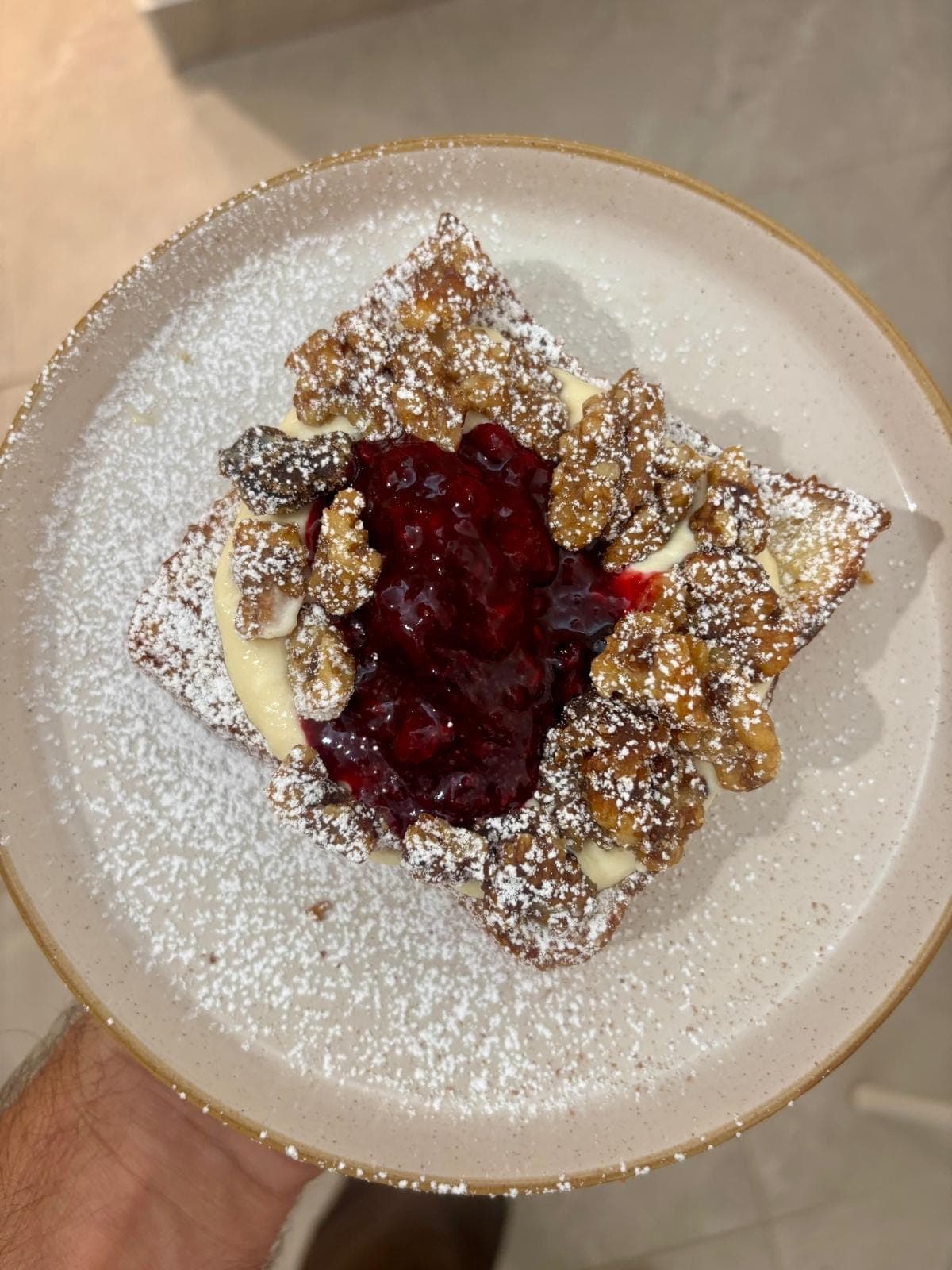 French toast with whipped maple mascarpone, summer fruits compote and candied walnuts